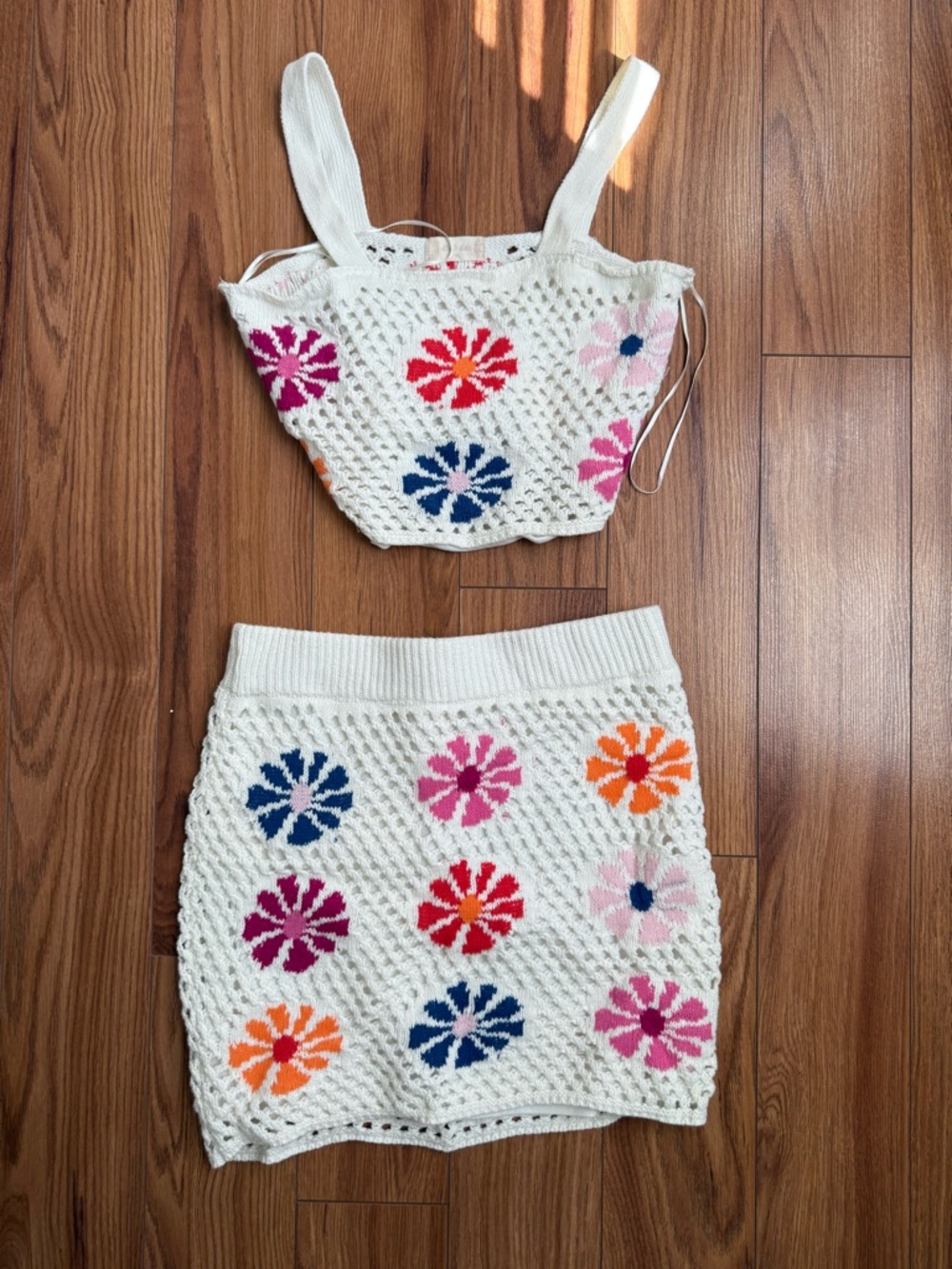 Altar'd State White Crochet Floral Cropped Top & Skirt Set